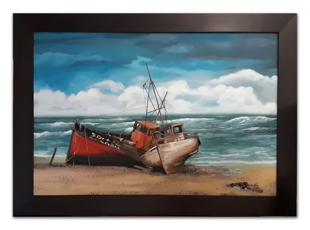 painting of two boats on the shore
